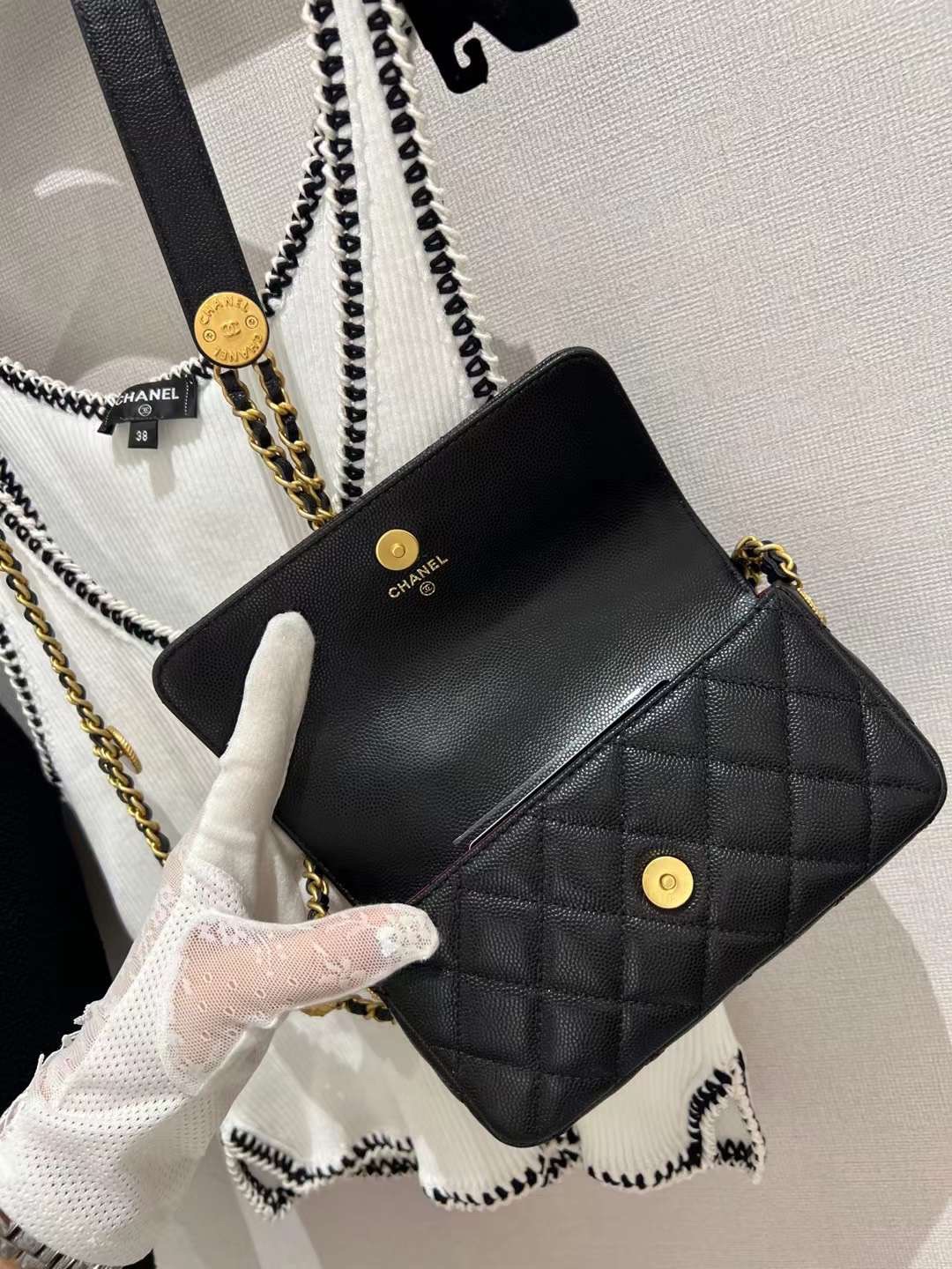 【P1280】香奈儿22年新款女包 Chanel黑色牛皮菱格纹金币链条眼镜包