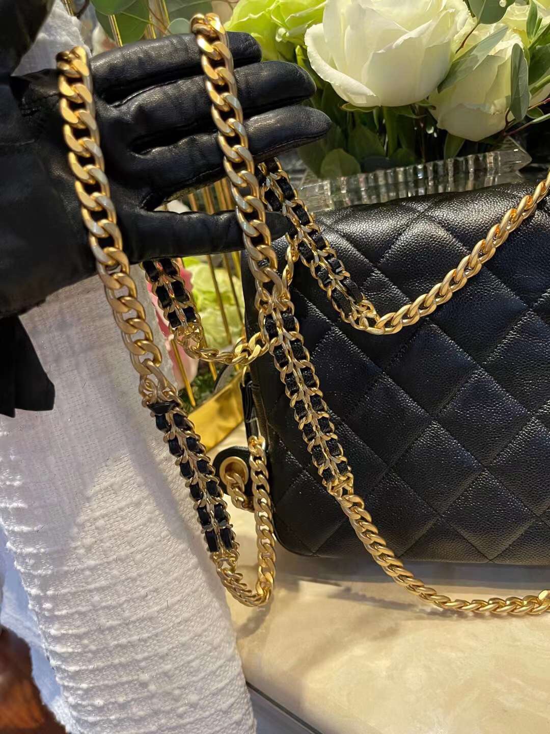 【P1580】Chanel女包批发 香奈儿22年新款黑色球纹皮链条背包双肩包