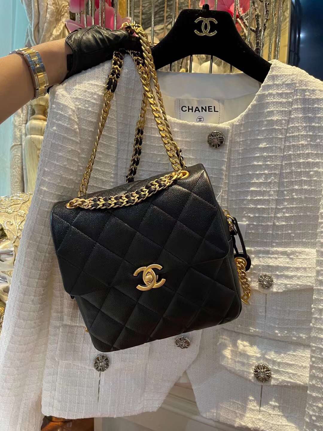 【P1580】Chanel女包批发 香奈儿22年新款黑色球纹皮链条背包双肩包