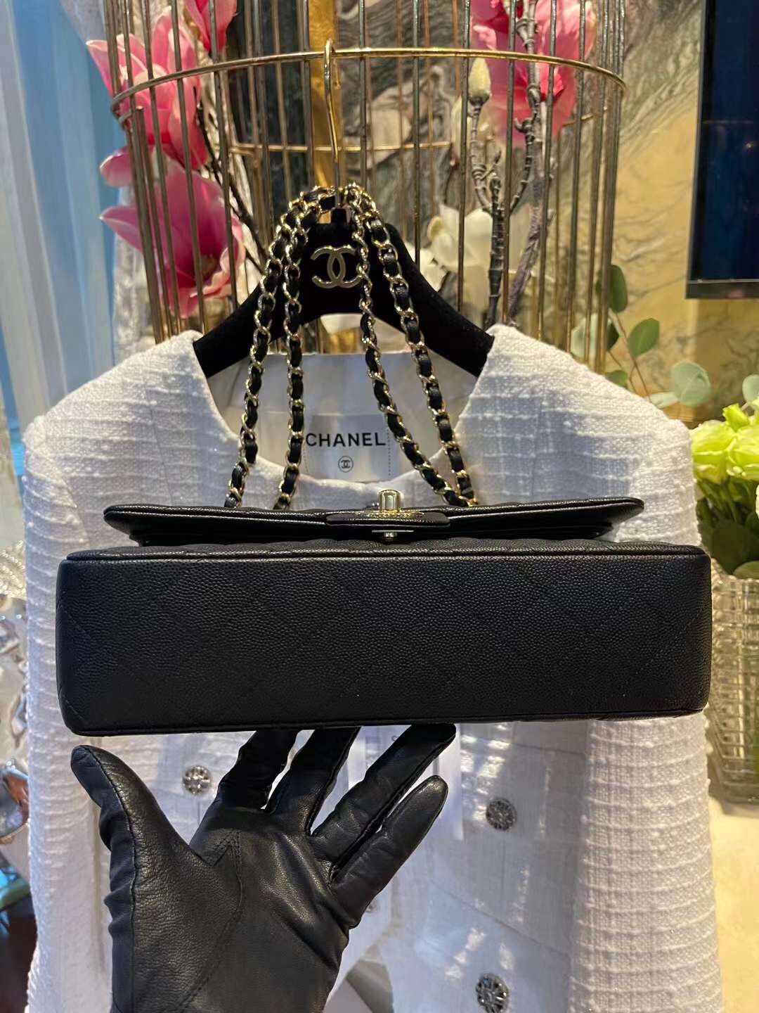 【P2700】香奈儿中国官网 Chanel CF25CM黑色原厂鱼子酱皮链条包 黑色内里