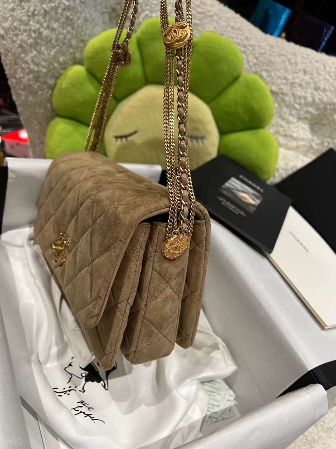 【P1880】香奈儿包包货源 Chanel菱格纹麂皮金币链条单肩腋下包 棕色