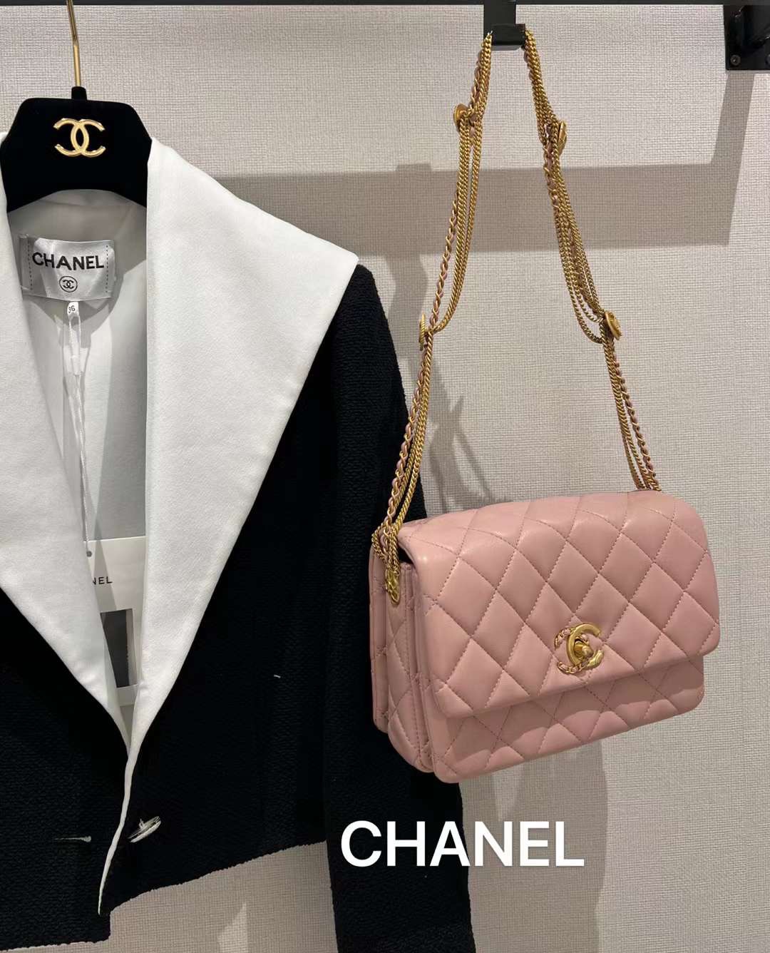 【P1880】香奈儿女包价格 Chanel新款粉色菱格羊皮鸳鸯扣金币链条腋下包