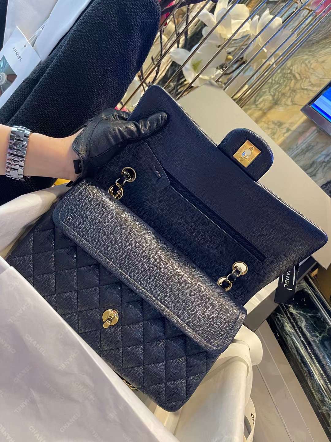 【P2700】Chanel包包价格 香奈儿珠光深蓝色原厂鱼子酱皮CF25CM单肩女包