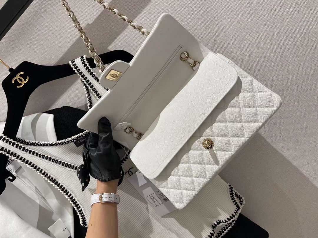 【P2700】一件代发 Chanel香奈儿白色原厂鱼子酱皮CF25CM链条单肩包 金扣
