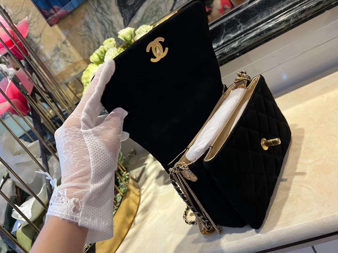 【P1880】一件代发 Chanel香奈儿复古鸳鸯扣黑色麂皮金币链条包单肩女包