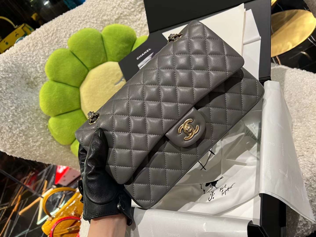 【P2370】香奈儿包包官网 Chanel水泥灰进口羊皮112 CF25CM菱格链条单肩女包