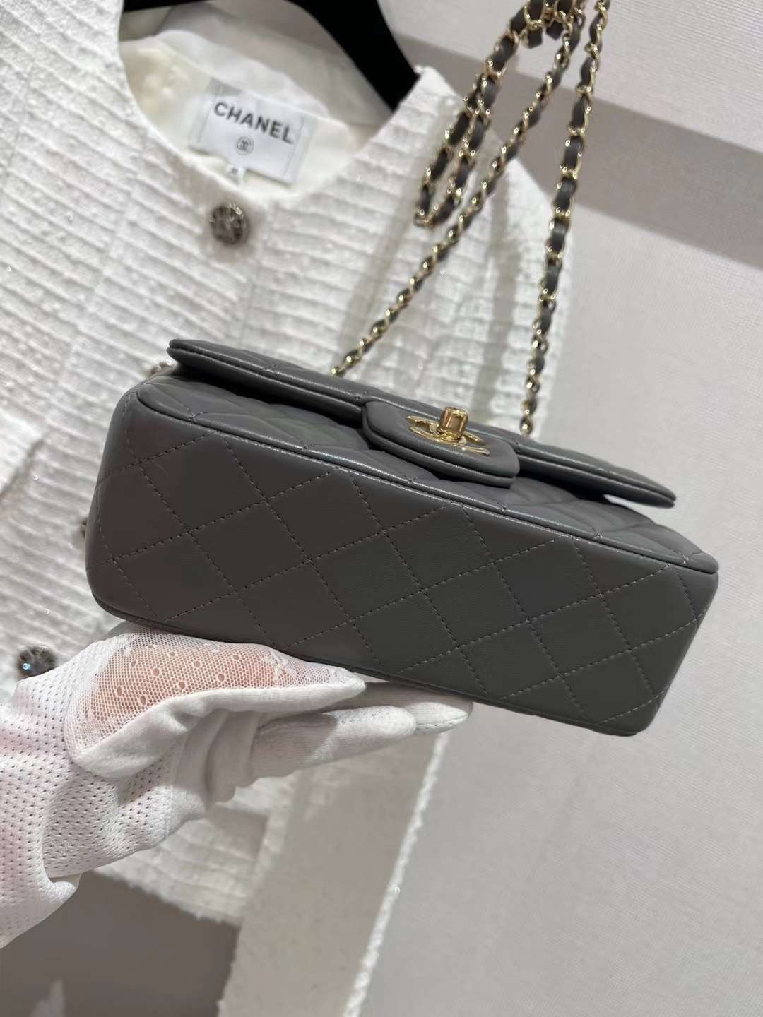【P1880】Chanel CF Mini20CM 香奈儿2022新色水泥灰羊皮菱格包链条包