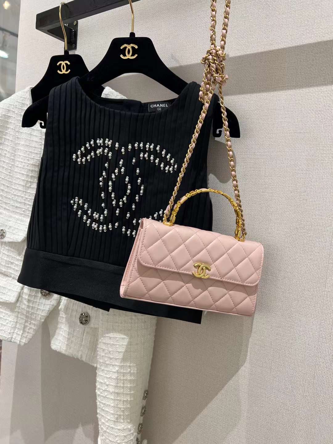 【P1280】一件代发 Chanel香奈儿进口羊皮琉璃珠宝手柄包横款斜挎包 粉色