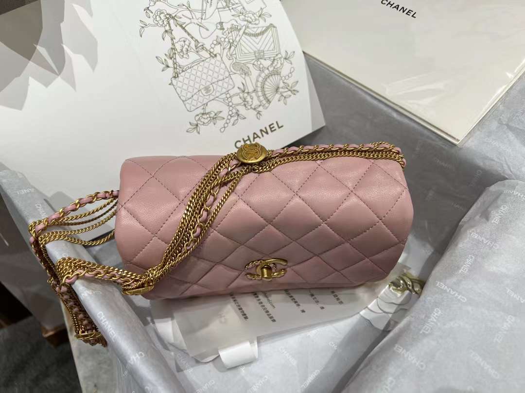 【P1880】香奈儿女包价格 Chanel新款粉色菱格羊皮鸳鸯扣金币链条腋下包