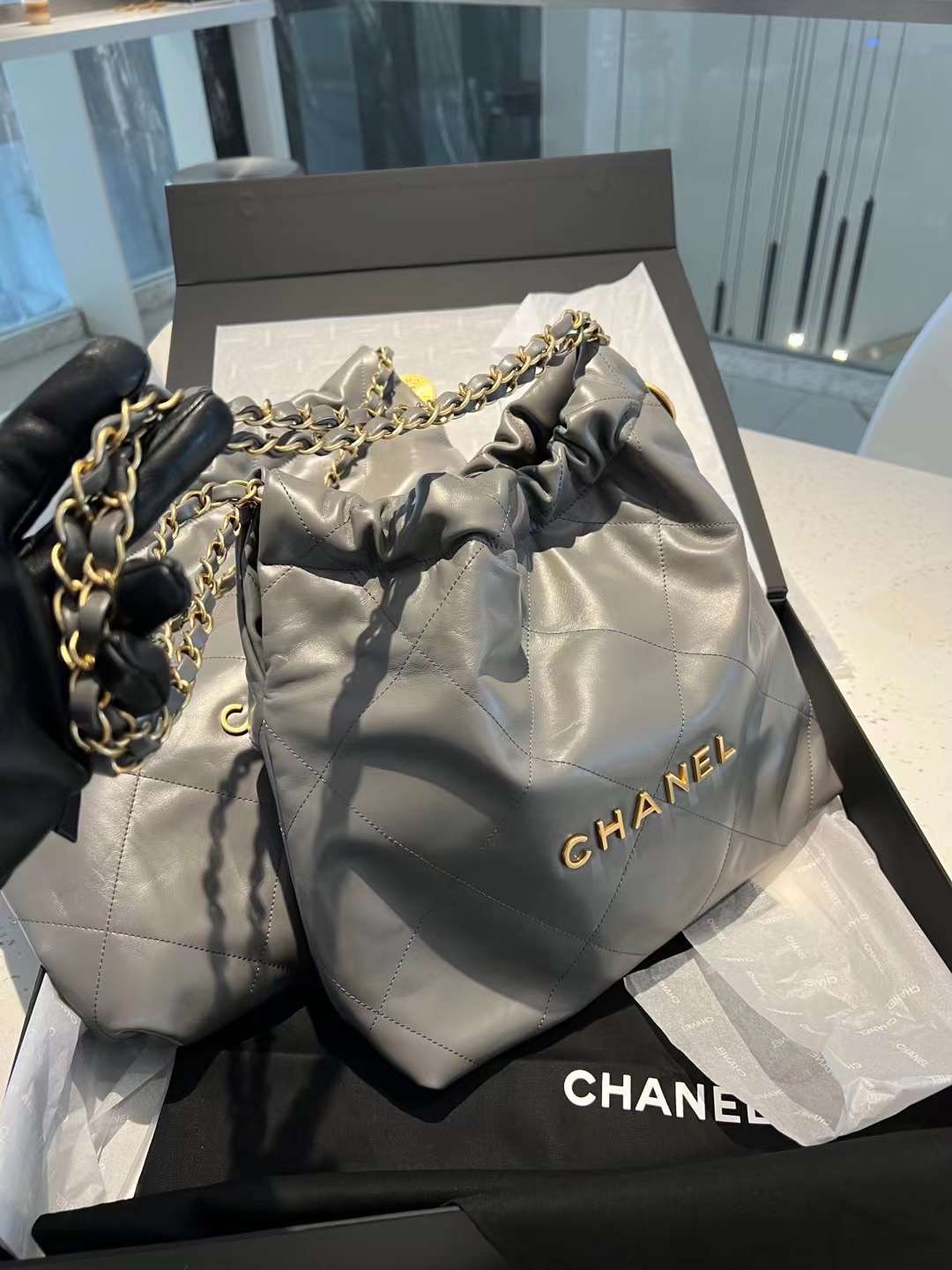 【P2220】Chanel 22 Bag 香奈儿2022新款包包灰色慵懒风菱格链条单肩包