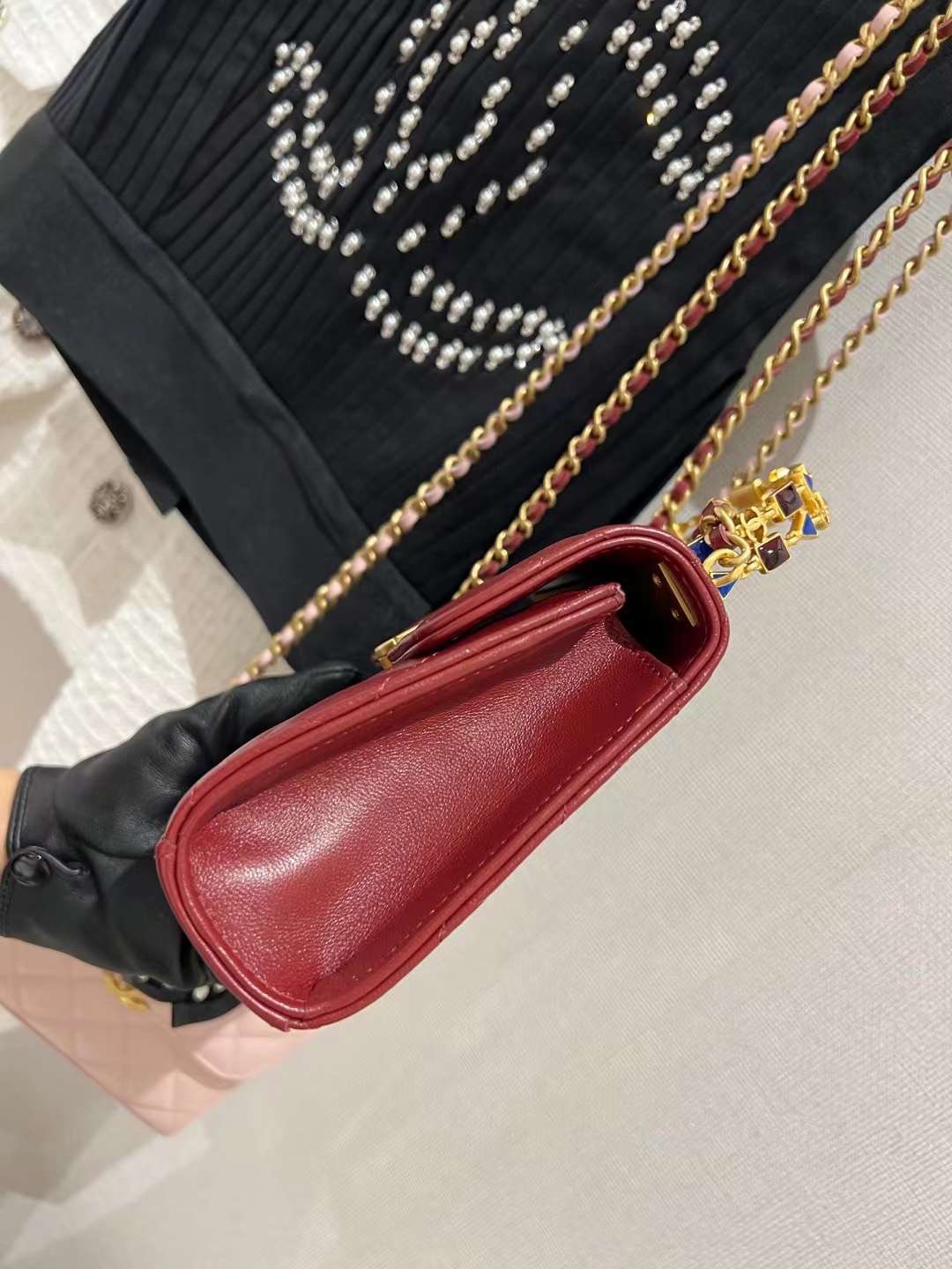 【P1020】Chanel包包批发 香奈儿菱格羊皮迷你琉璃珠宝手柄包斜挎包 红色