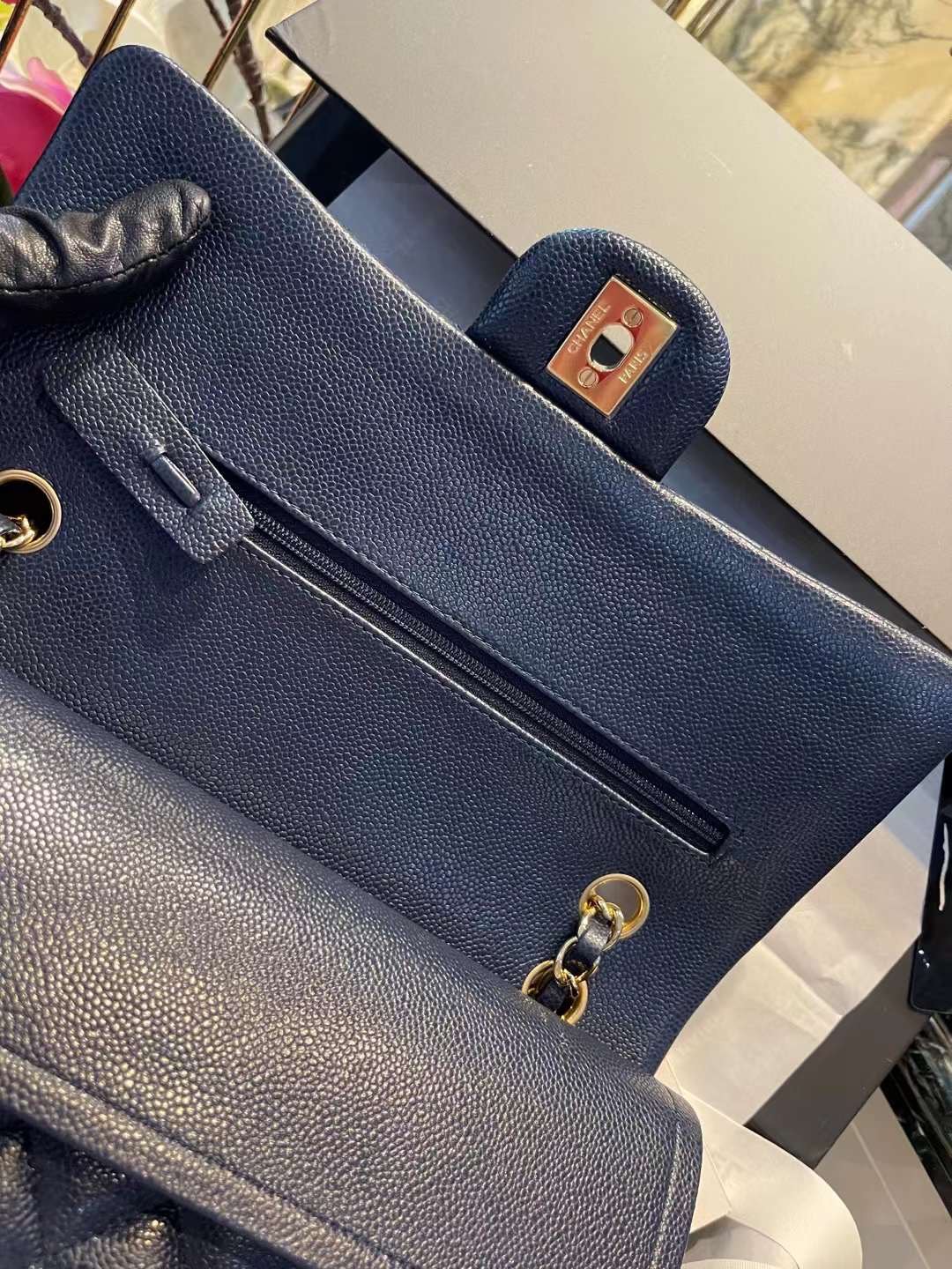 【P2700】Chanel包包价格 香奈儿珠光深蓝色原厂鱼子酱皮CF25CM单肩女包