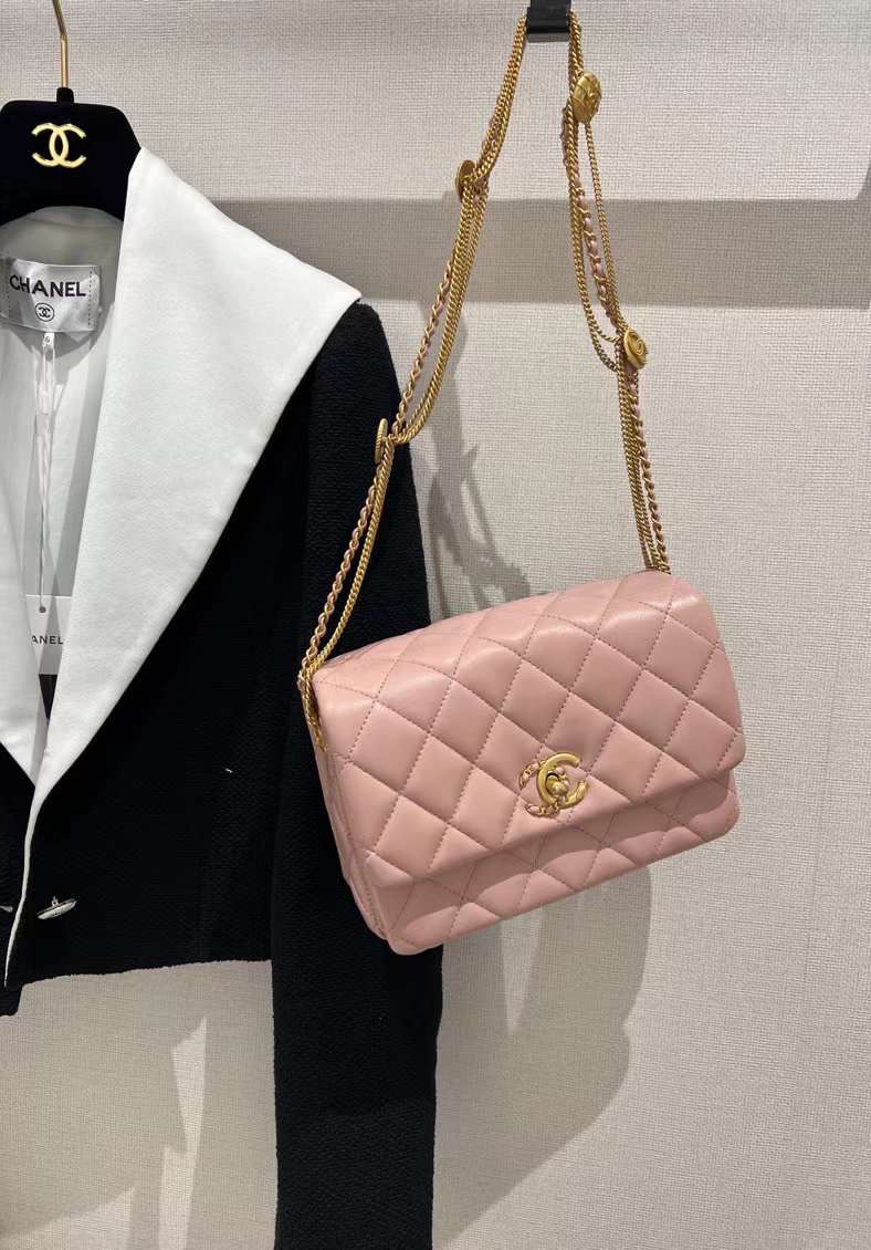 【P1880】香奈儿女包价格 Chanel新款粉色菱格羊皮鸳鸯扣金币链条腋下包