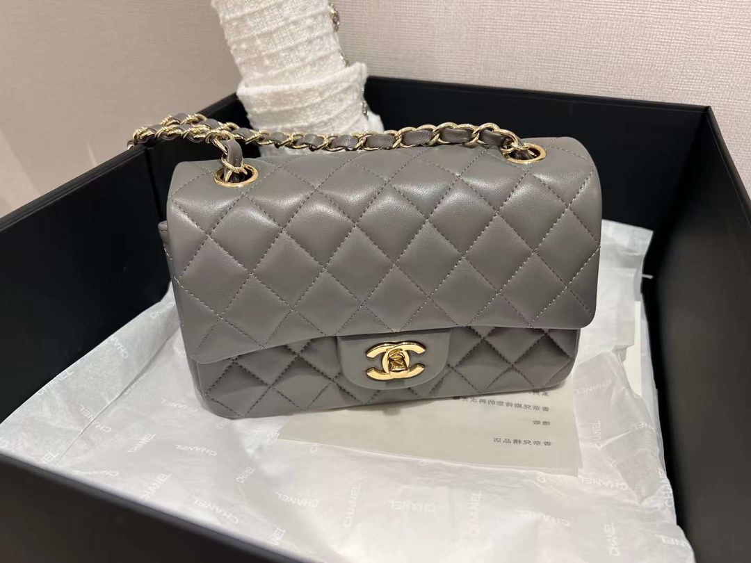 【P1880】Chanel CF Mini20CM 香奈儿2022新色水泥灰羊皮菱格包链条包