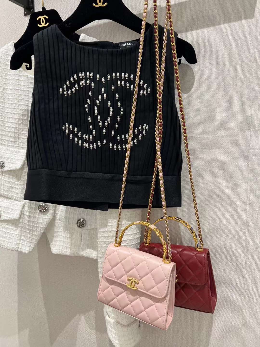 【P1020】香奈儿包包价格 Chanel新款粉色羊皮迷你琉璃珠宝手柄包链条包