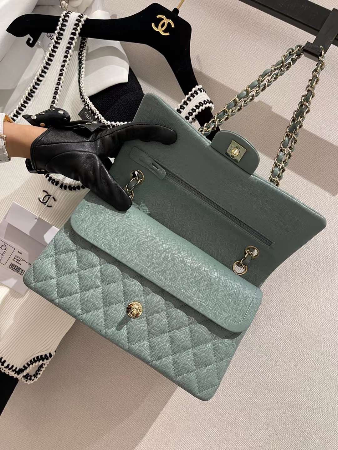【P2700】香奈儿包包货源 Chanel CF25CM豆绿色原厂皮菱格链条包单肩女包