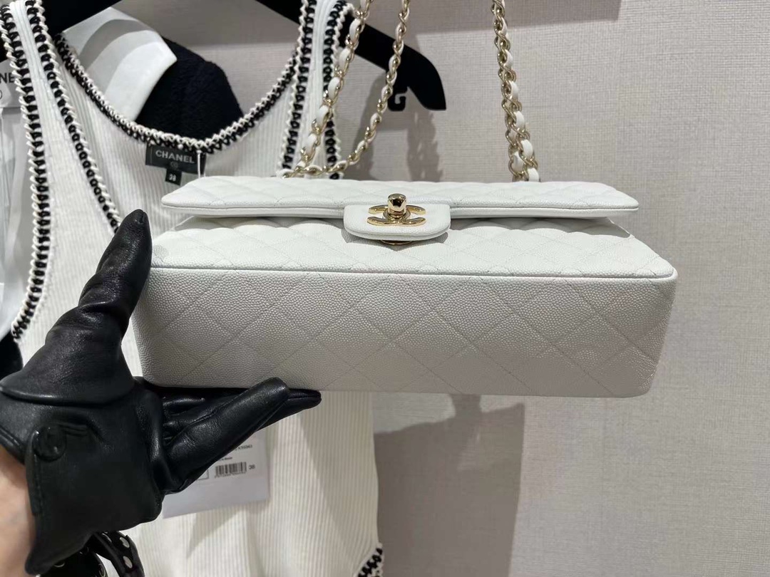 【P2700】一件代发 Chanel香奈儿白色原厂鱼子酱皮CF25CM链条单肩包 金扣