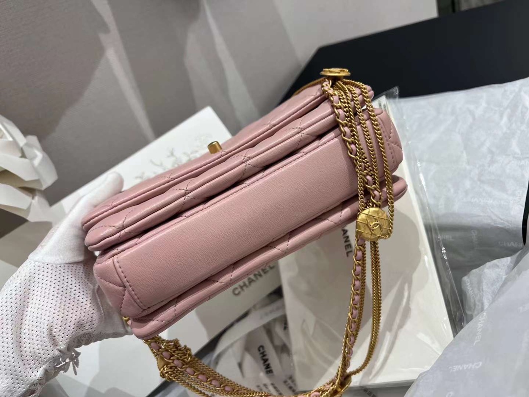 【P1880】香奈儿女包价格 Chanel新款粉色菱格羊皮鸳鸯扣金币链条腋下包