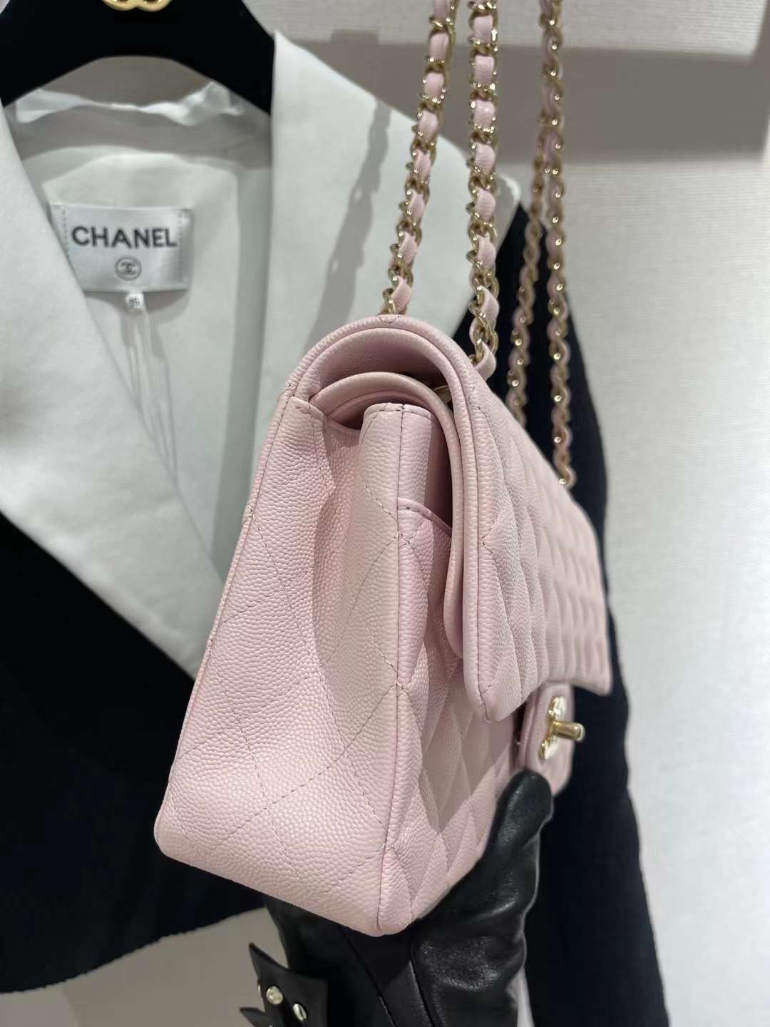 【P2700】Chanel CF25CM包包 香奈儿淡粉色原厂鱼子酱皮菱格链条单肩包