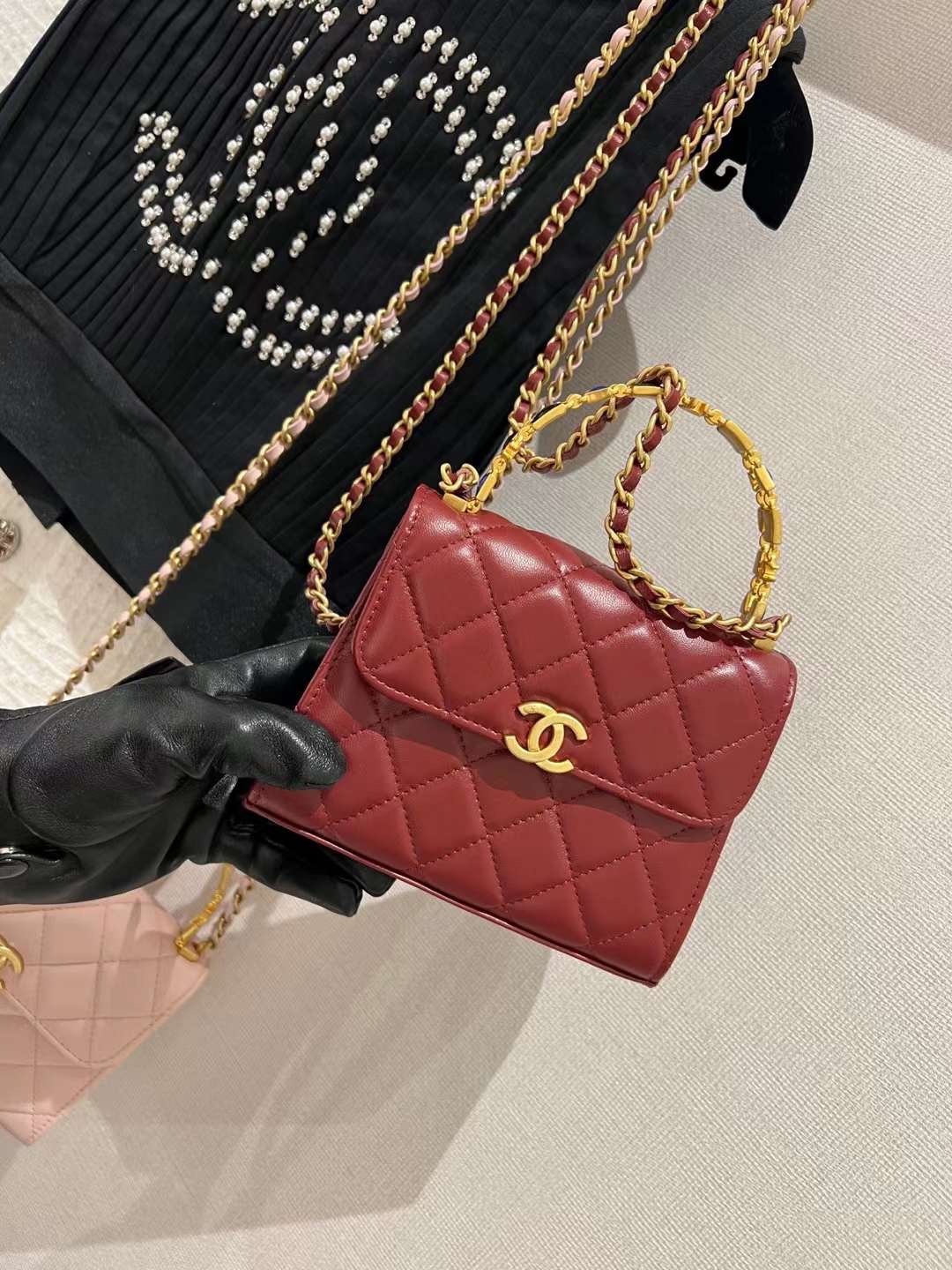 【P1020】Chanel包包批发 香奈儿菱格羊皮迷你琉璃珠宝手柄包斜挎包 红色