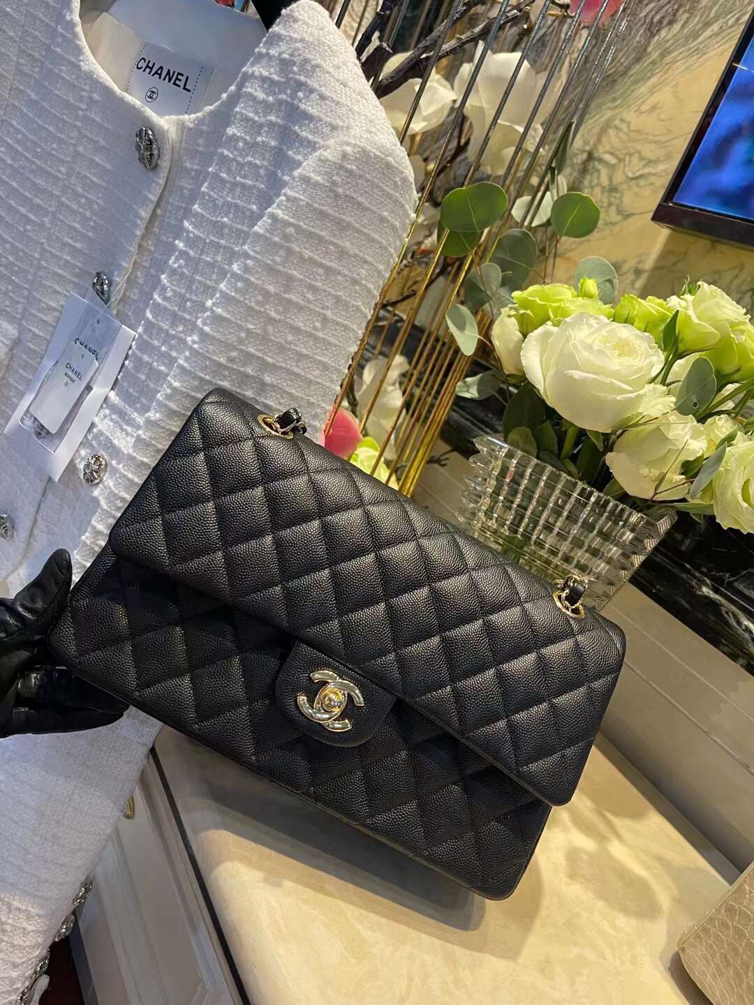 【P2700】香奈儿中国官网 Chanel CF25CM黑色原厂鱼子酱皮链条包 黑色内里