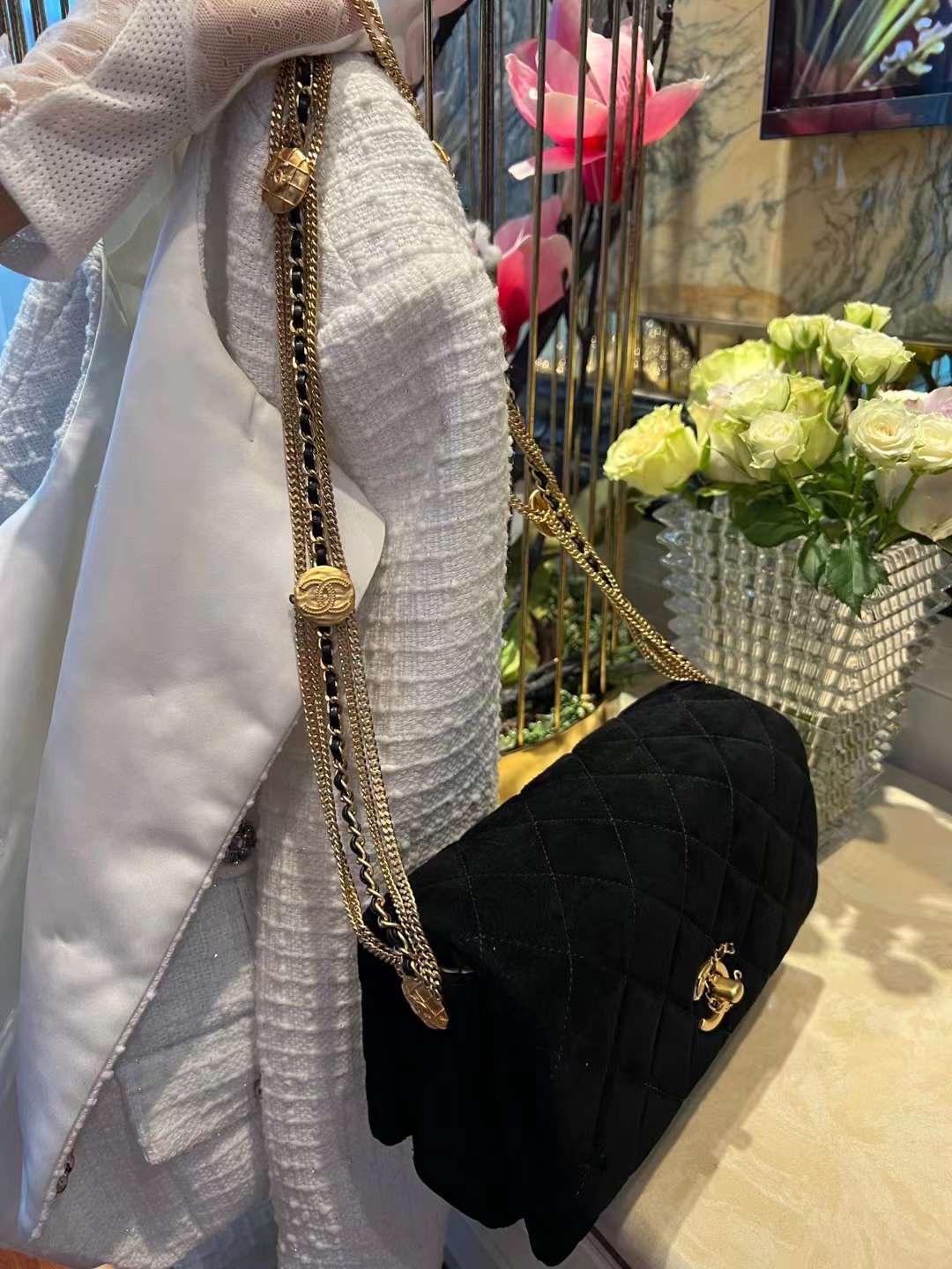 【P1880】一件代发 Chanel香奈儿复古鸳鸯扣黑色麂皮金币链条包单肩女包