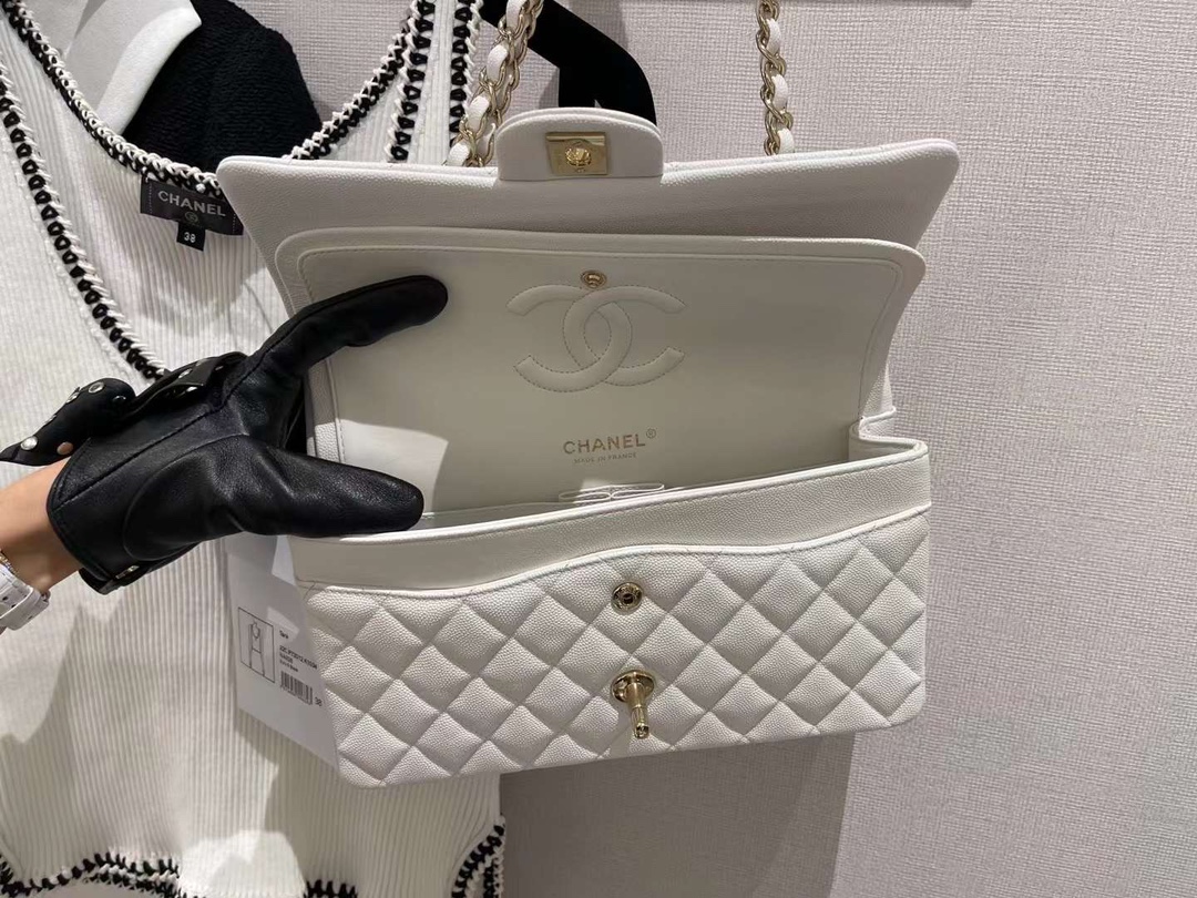【P2700】一件代发 Chanel香奈儿白色原厂鱼子酱皮CF25CM链条单肩包 金扣