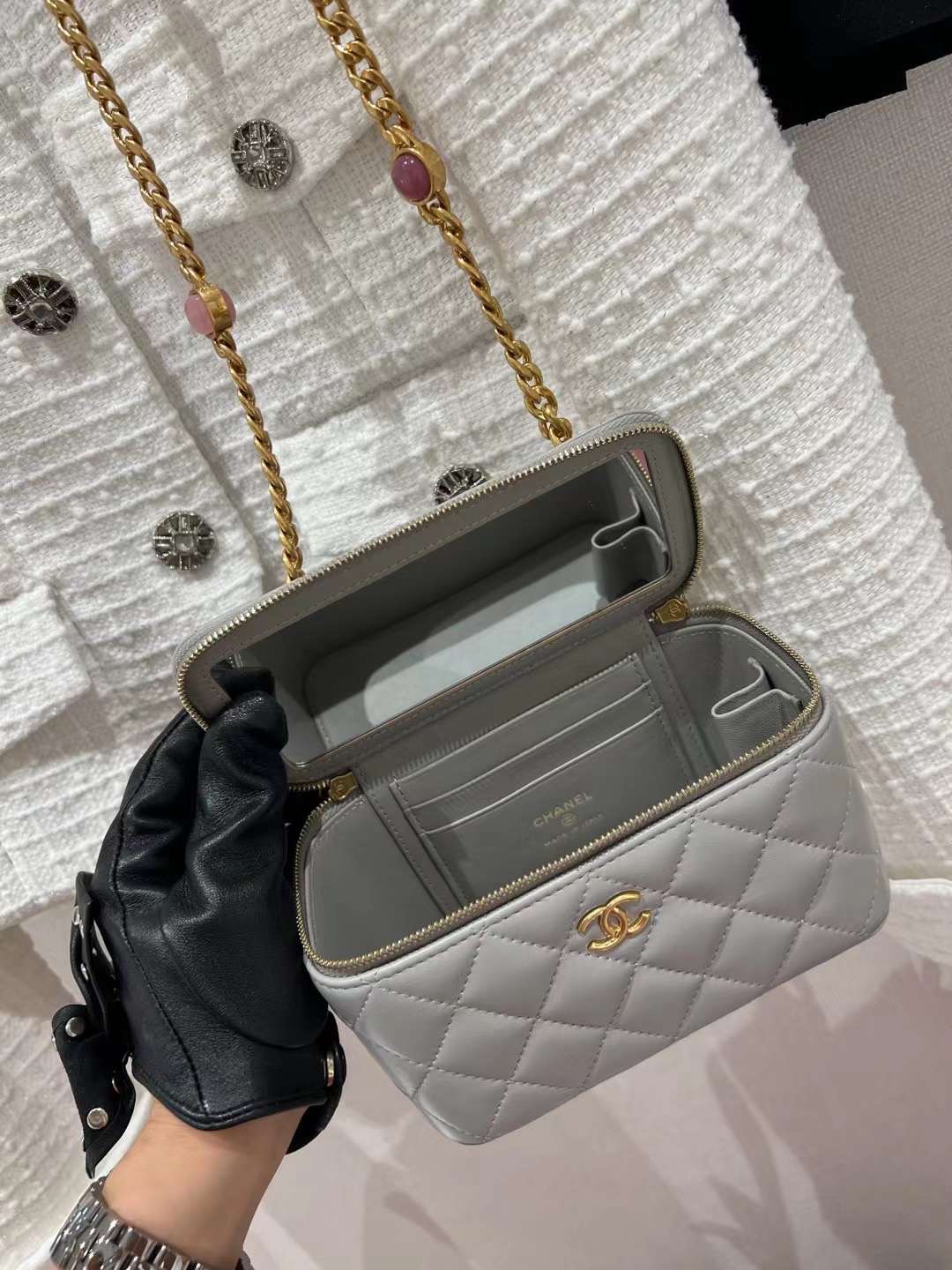 【P1170】Chanel女包价格 香奈儿菱格纹进口羊皮盒子包琉璃珠宝链条包 灰色