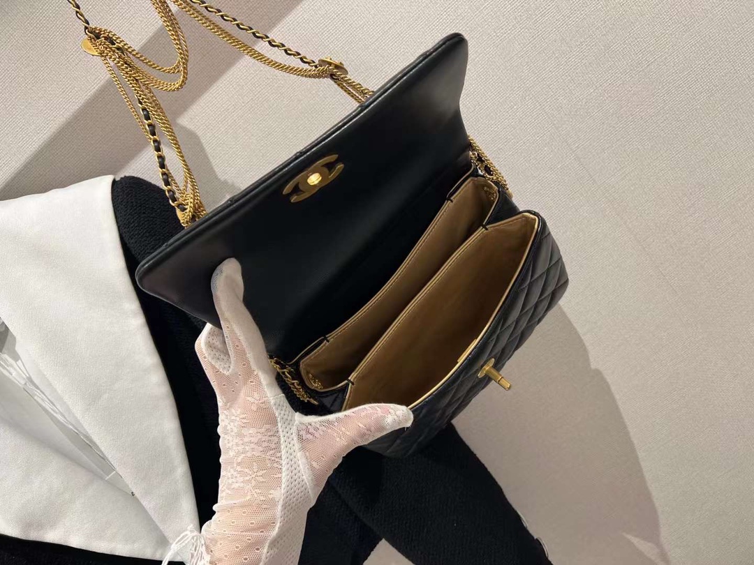 【P1880】Chanel包包官网 香奈儿2022新款鸳鸯扣金币链条单肩腋下包 黑色