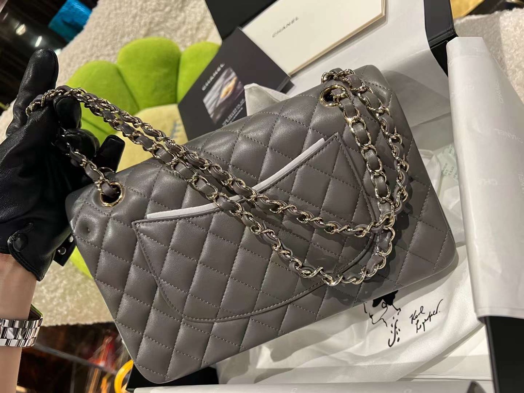 【P2370】香奈儿包包官网 Chanel水泥灰进口羊皮112 CF25CM菱格链条单肩女包