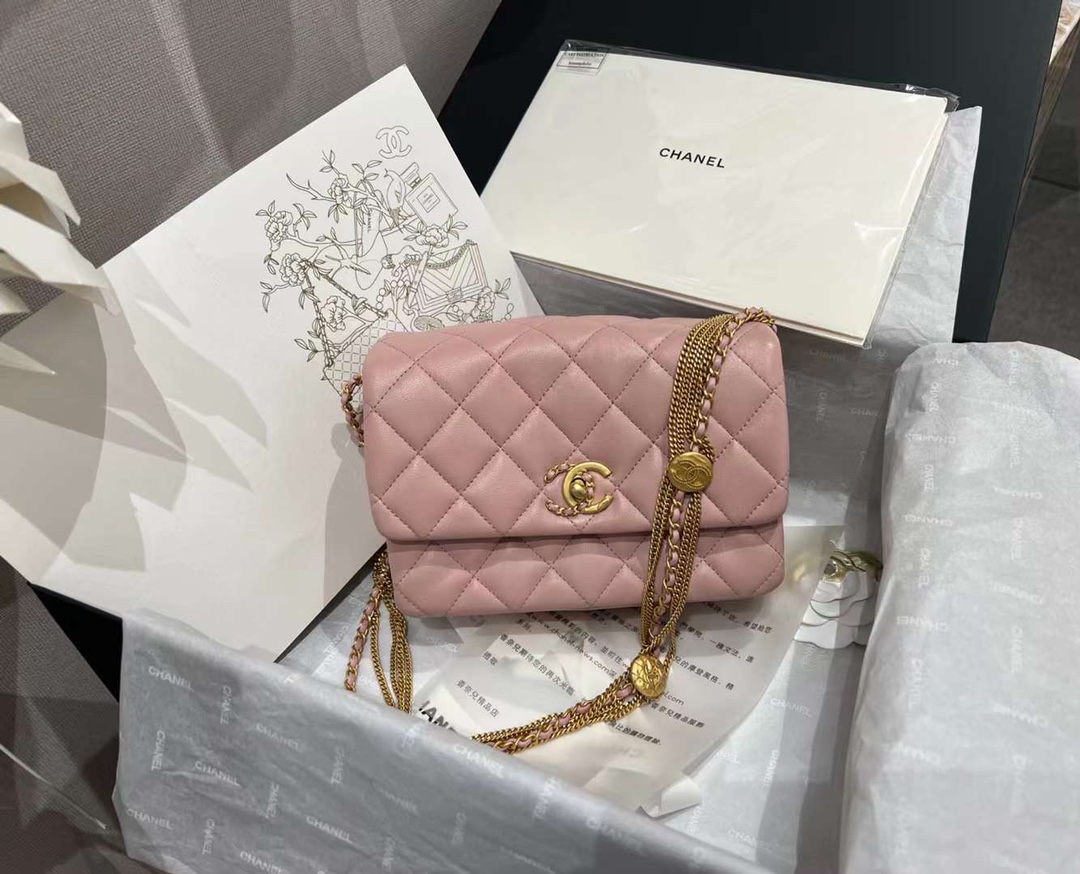 【P1880】香奈儿女包价格 Chanel新款粉色菱格羊皮鸳鸯扣金币链条腋下包