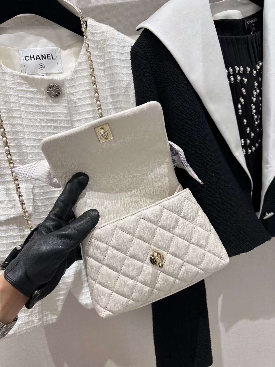 【P1880】Chanel Coco Handle mini 香奈儿珍珠白菱格鱼子酱皮迷你手提包斜挎包