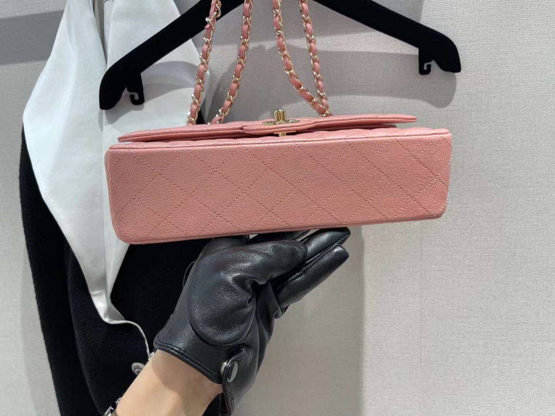 【P2700】Chanel女包货源 香奈儿珠光粉原单鱼子酱皮CF25CM链条单肩包