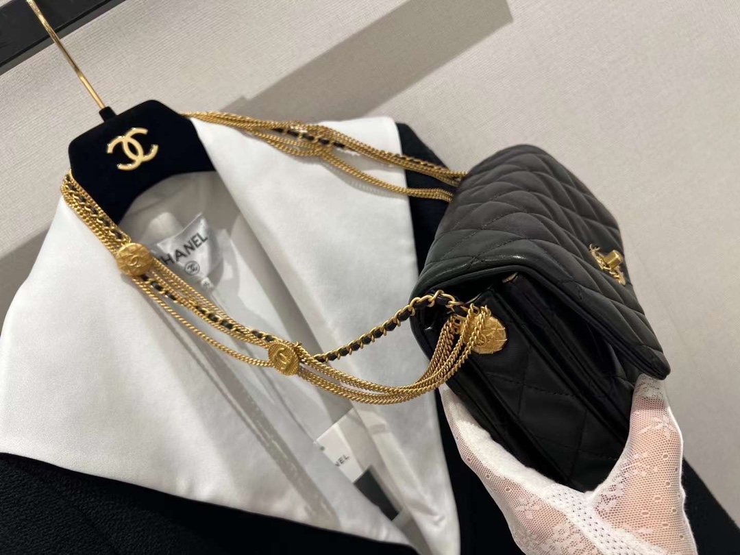 【P1880】Chanel包包官网 香奈儿2022新款鸳鸯扣金币链条单肩腋下包 黑色