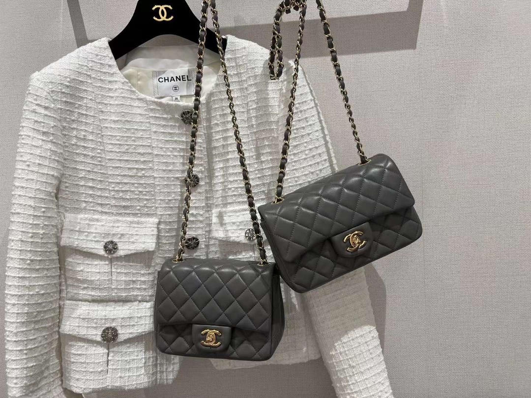 【P1880】Chanel CF Mini20CM 香奈儿2022新色水泥灰羊皮菱格包链条包