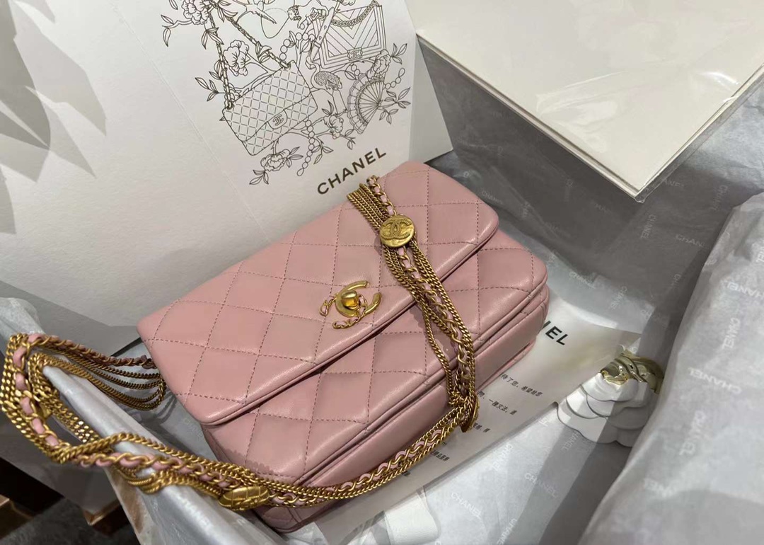 【P1880】香奈儿女包价格 Chanel新款粉色菱格羊皮鸳鸯扣金币链条腋下包