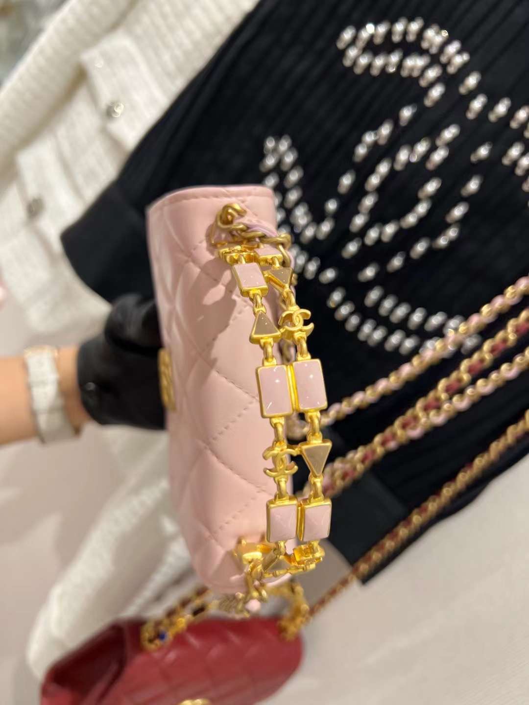 【P1020】香奈儿包包价格 Chanel新款粉色羊皮迷你琉璃珠宝手柄包链条包