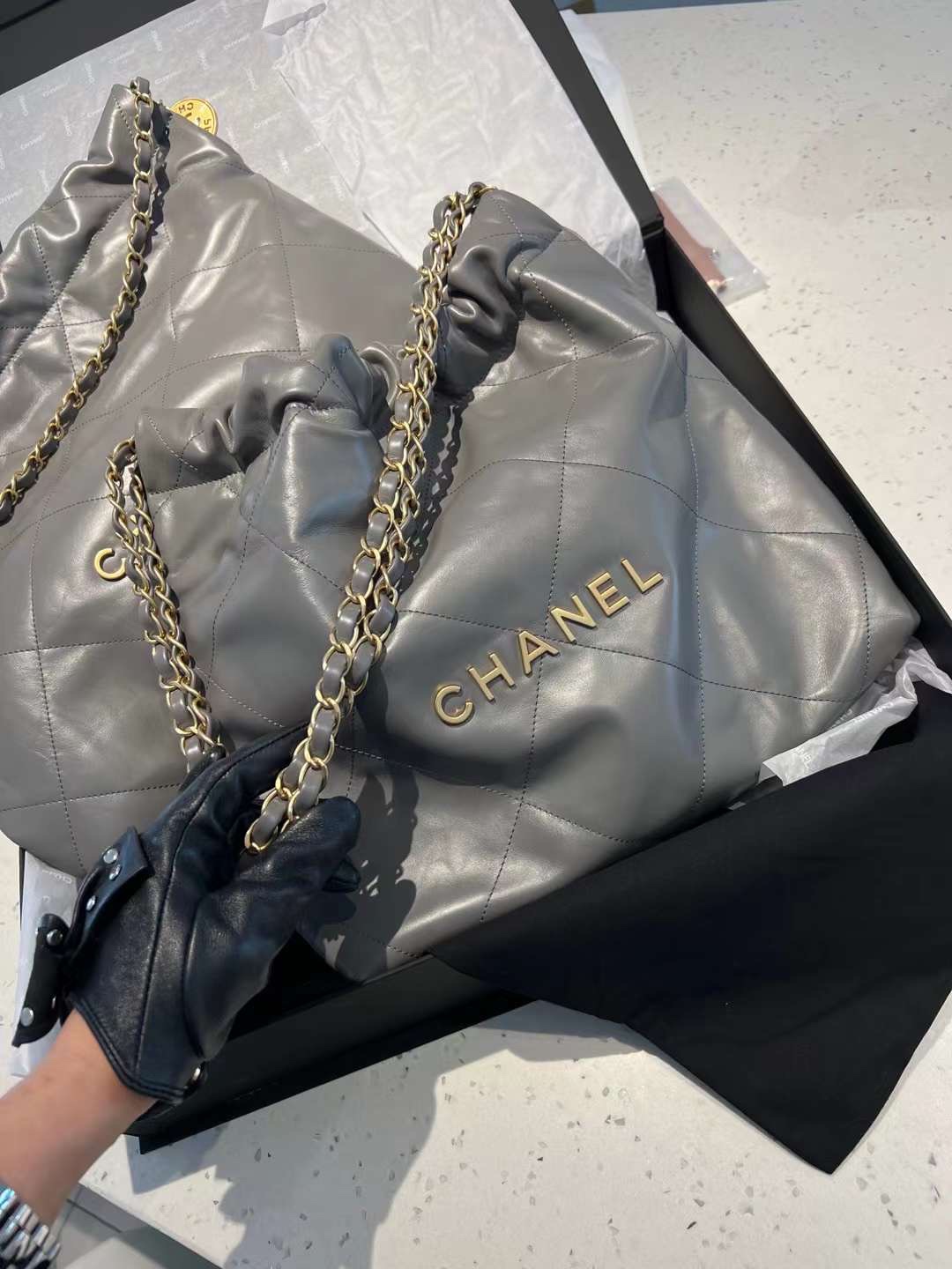 【P2220】Chanel 22 Bag 香奈儿2022新款包包灰色慵懒风菱格链条单肩包