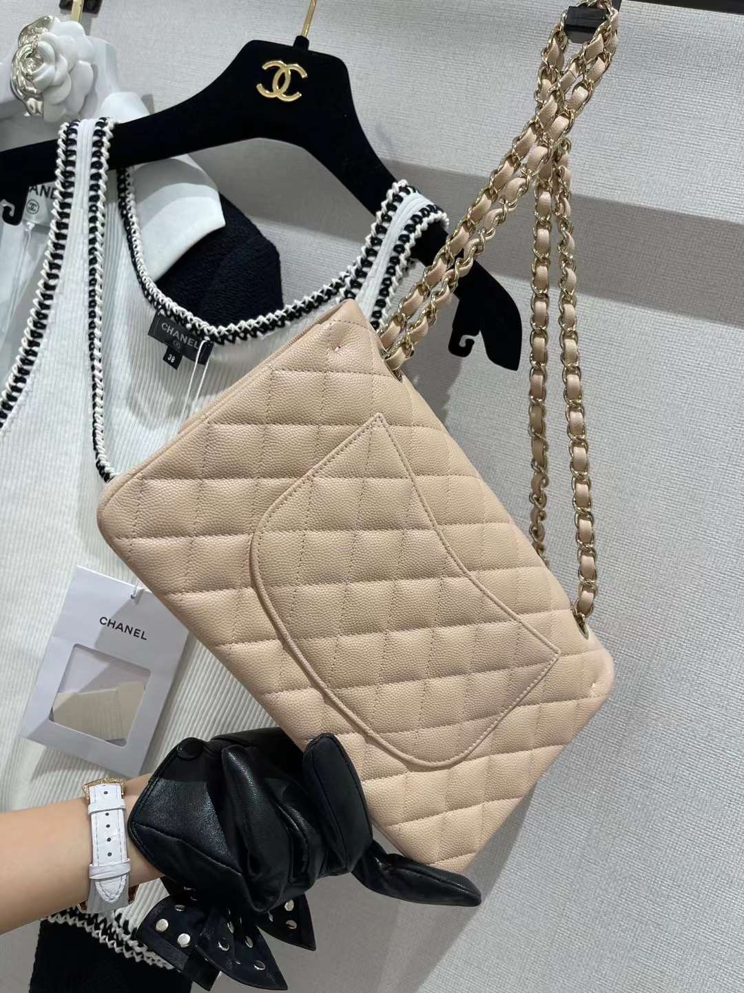 【P2700】Chanel包包官网 香奈儿新色奶茶色原厂皮CF25CM菱格链条包