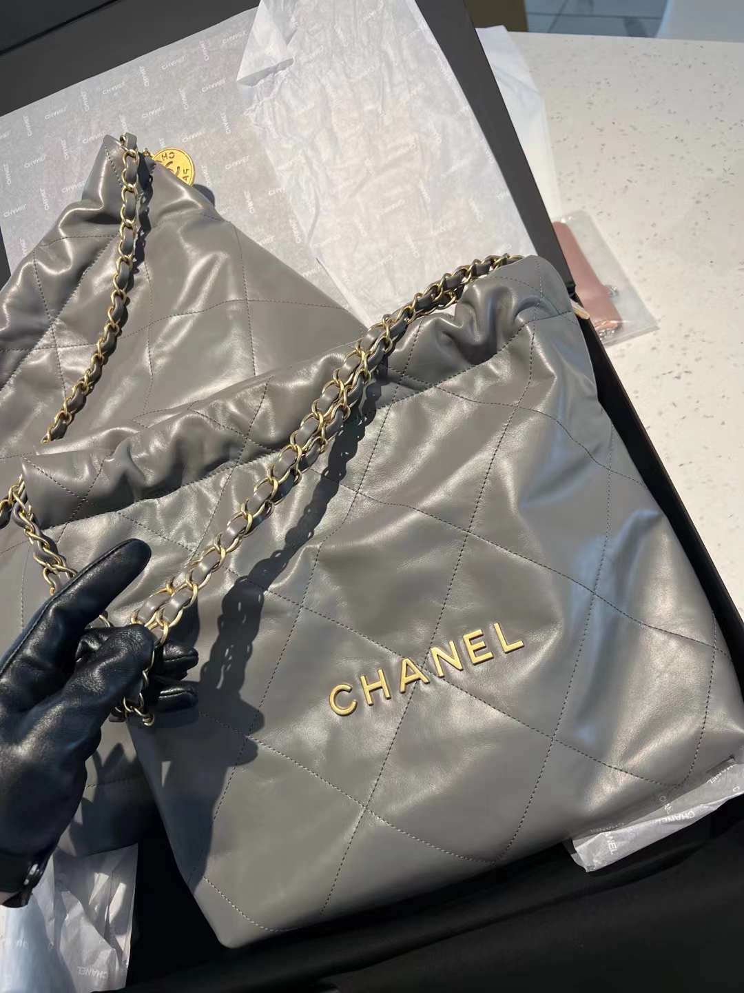 【P2220】Chanel 22 Bag 香奈儿2022新款包包灰色慵懒风菱格链条单肩包