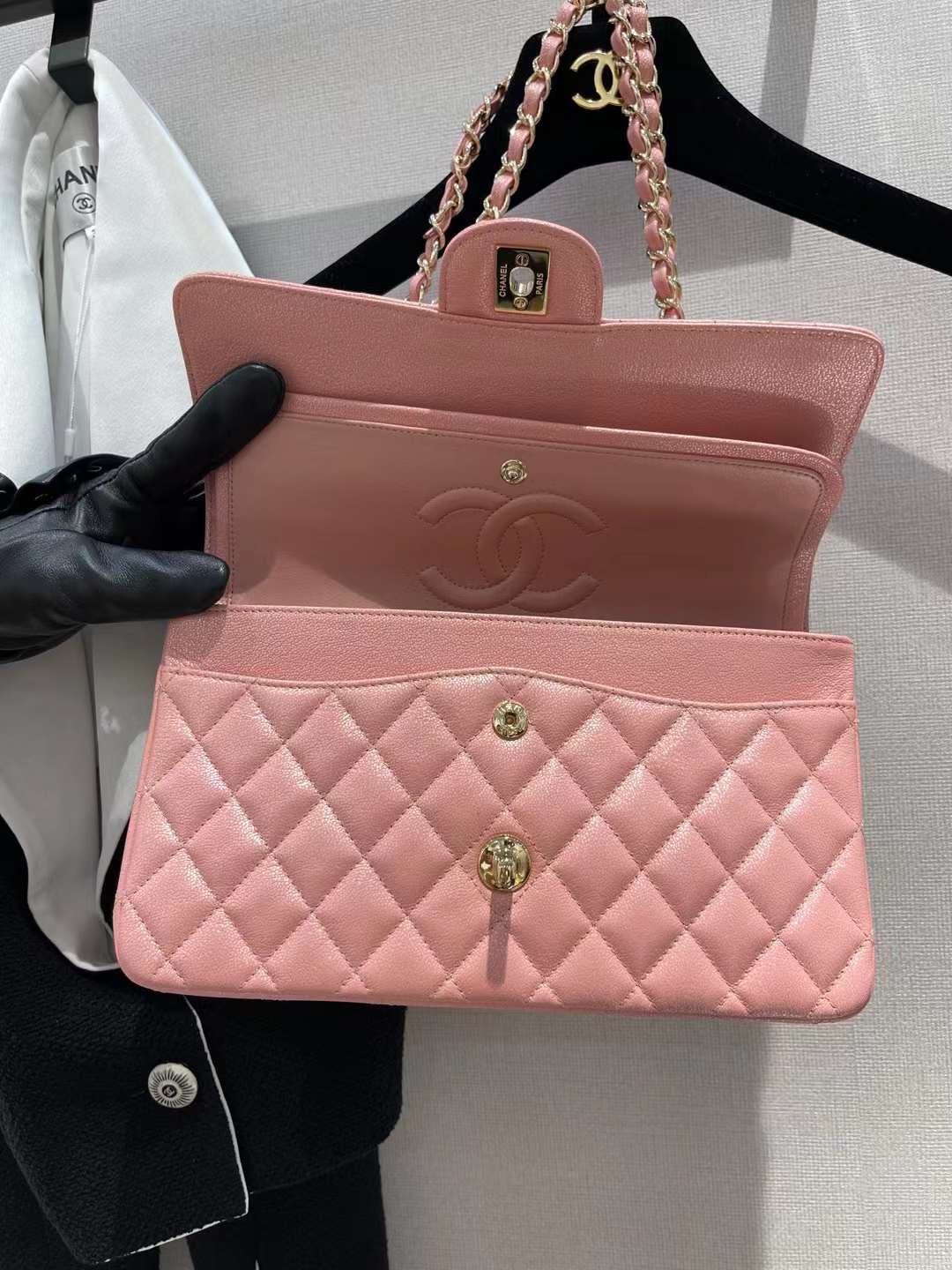 【P2700】Chanel女包货源 香奈儿珠光粉原单鱼子酱皮CF25CM链条单肩包