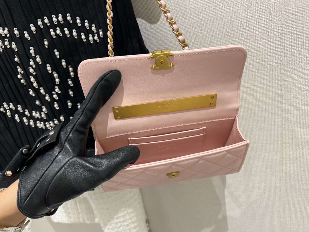 【P1280】一件代发 Chanel香奈儿进口羊皮琉璃珠宝手柄包横款斜挎包 粉色