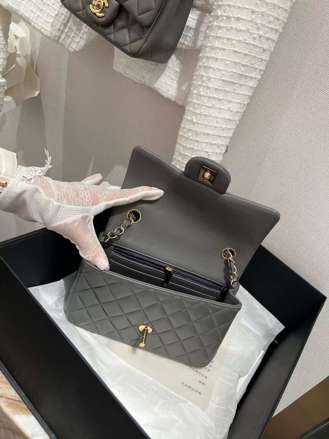 【P1880】Chanel CF Mini20CM 香奈儿2022新色水泥灰羊皮菱格包链条包