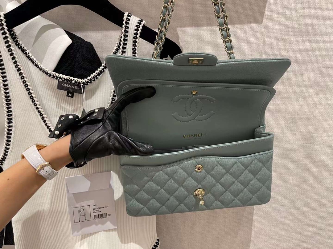 【P2700】香奈儿包包货源 Chanel CF25CM豆绿色原厂皮菱格链条包单肩女包