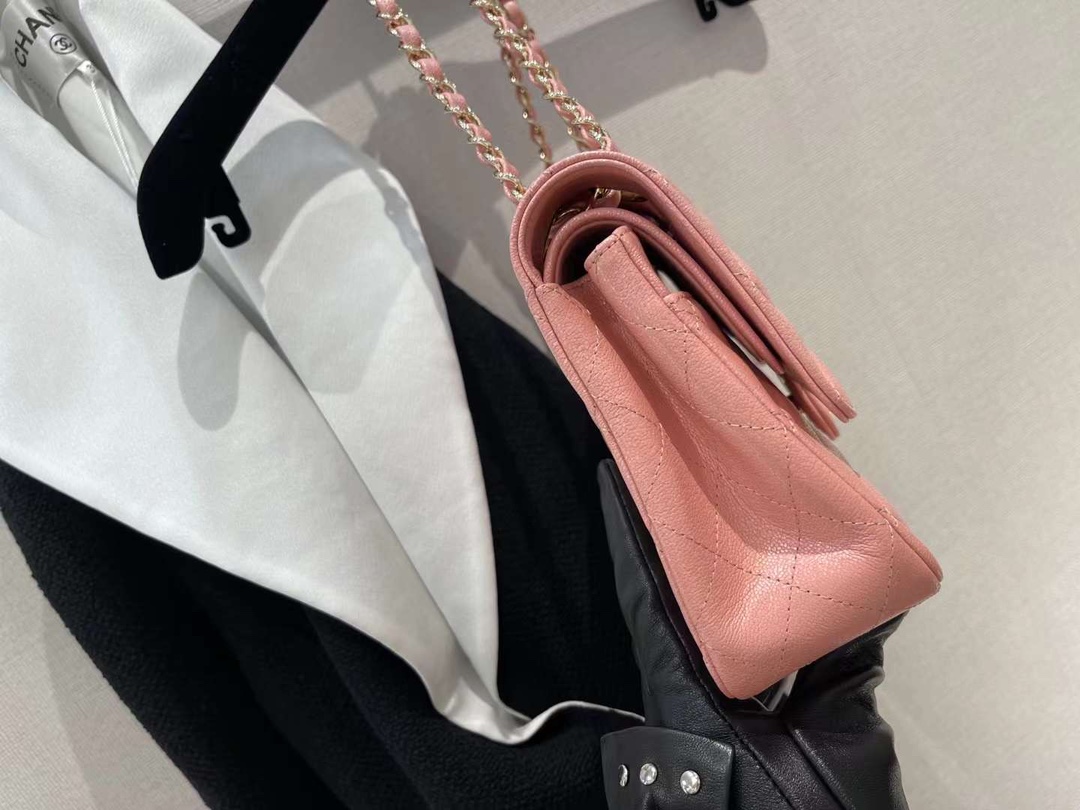 【P2700】Chanel女包货源 香奈儿珠光粉原单鱼子酱皮CF25CM链条单肩包