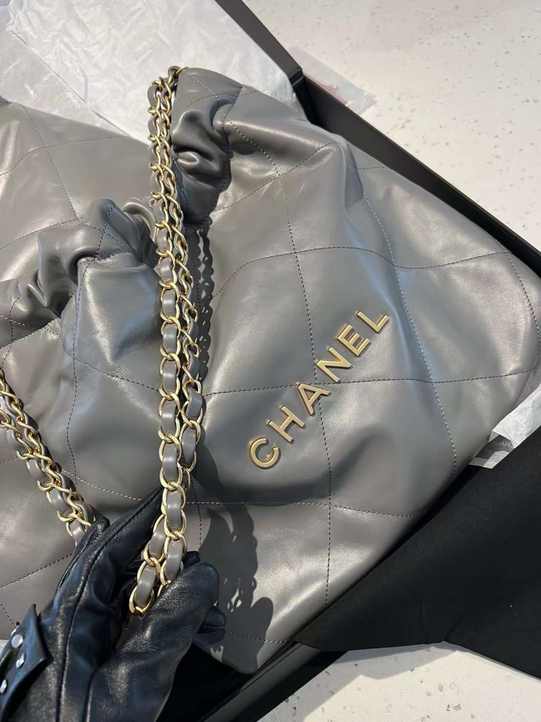 【P2220】Chanel 22 Bag 香奈儿2022新款包包灰色慵懒风菱格链条单肩包