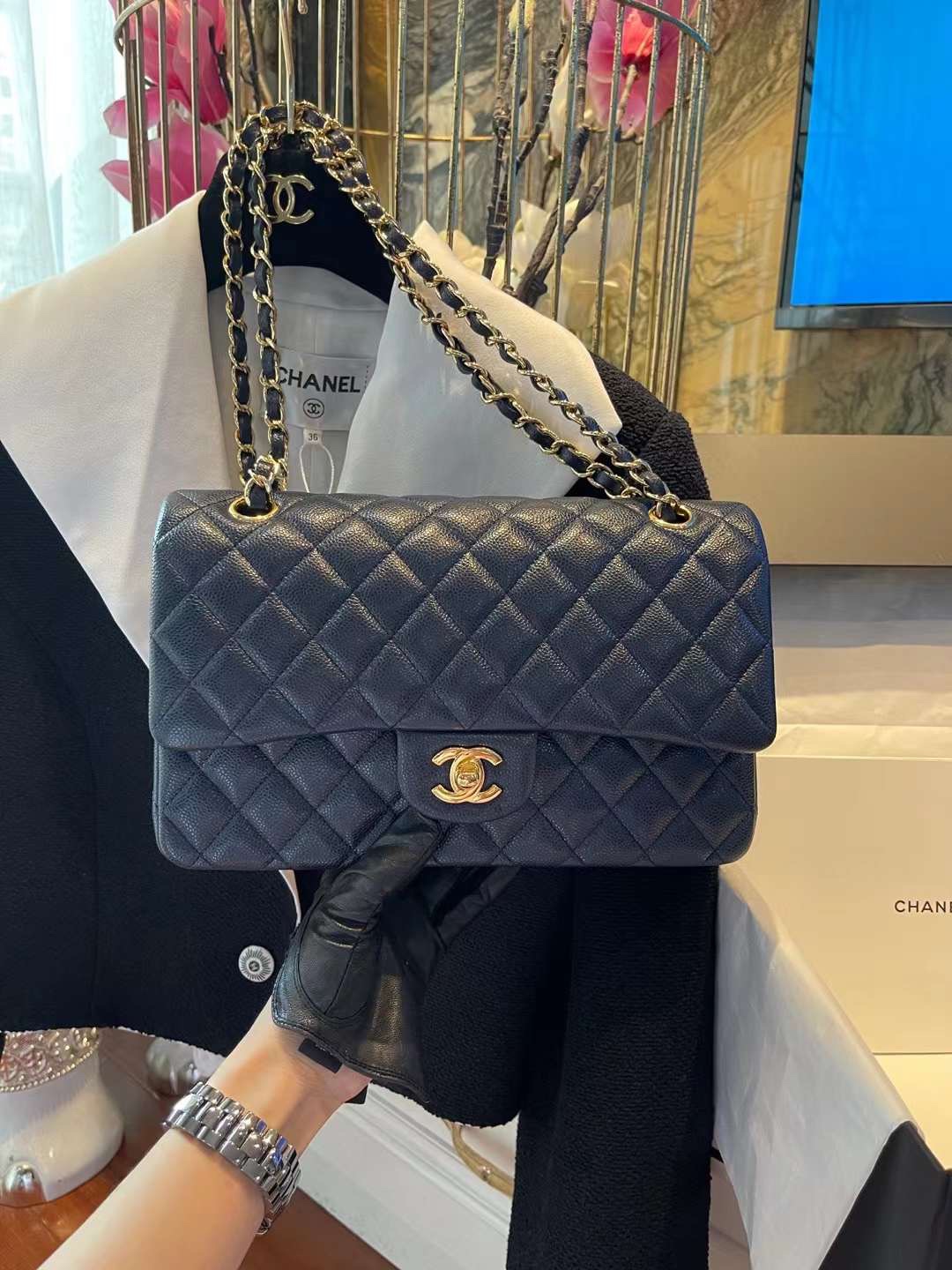 【P2700】Chanel包包价格 香奈儿珠光深蓝色原厂鱼子酱皮CF25CM单肩女包
