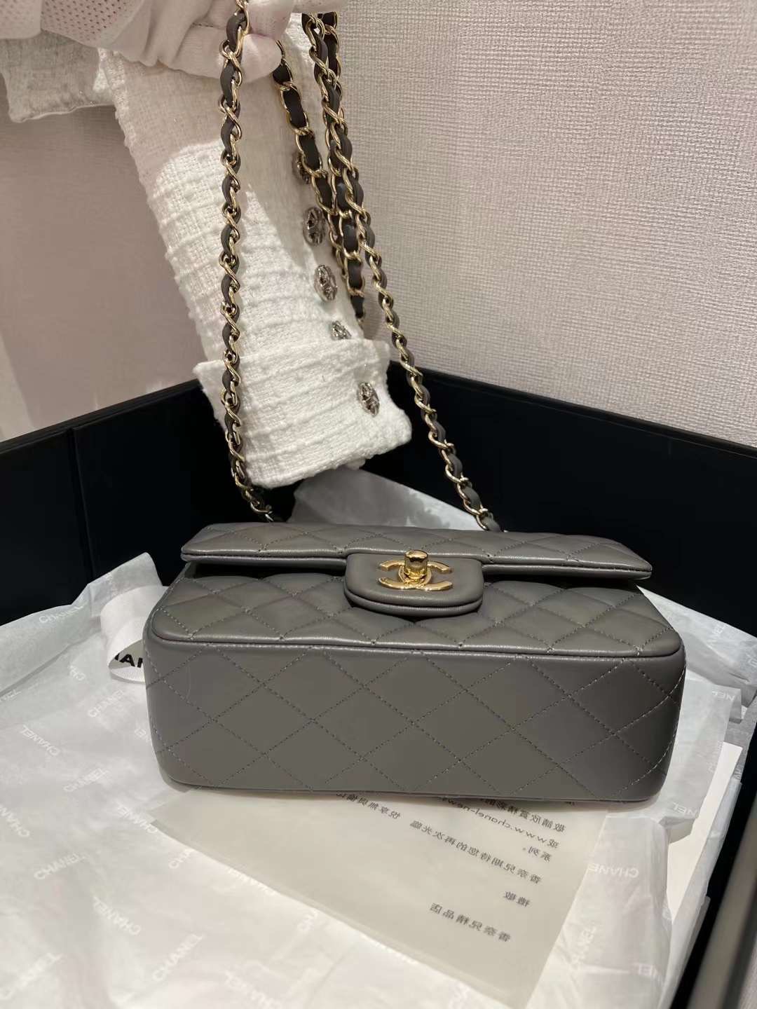 【P1880】Chanel CF Mini20CM 香奈儿2022新色水泥灰羊皮菱格包链条包