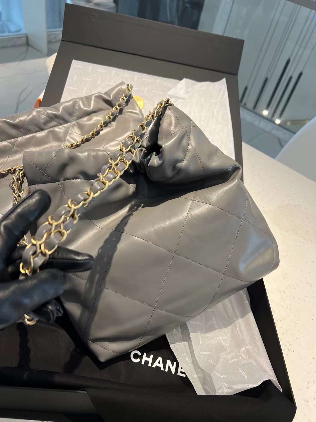 【P2220】Chanel 22 Bag 香奈儿2022新款包包灰色慵懒风菱格链条单肩包