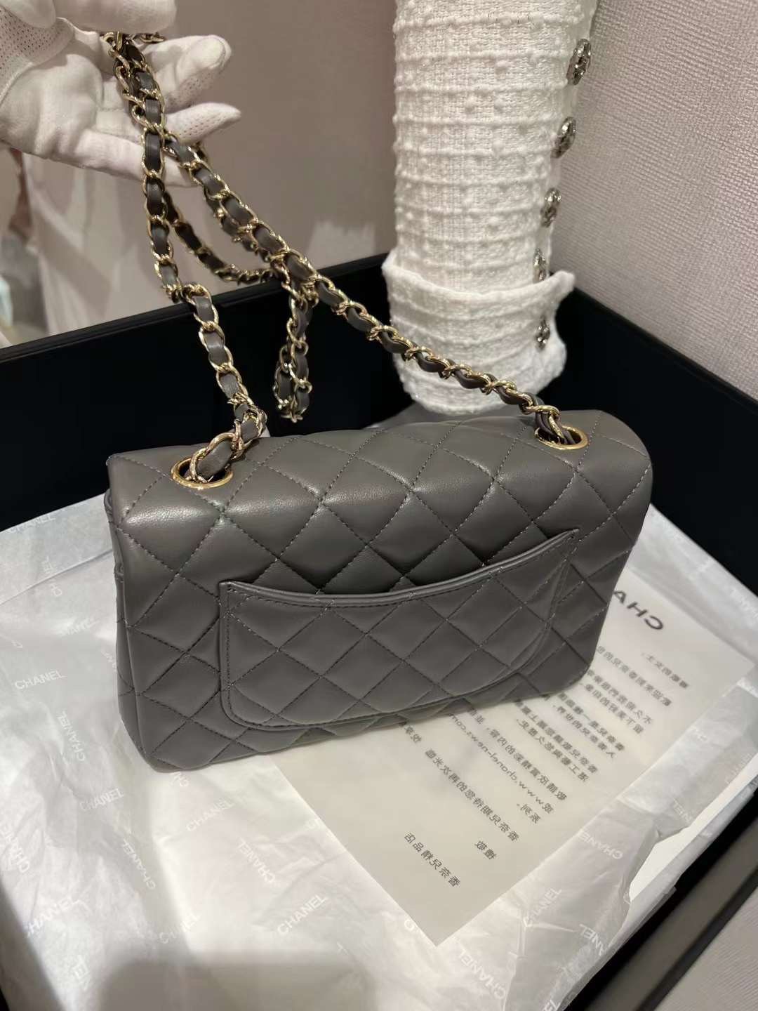 【P1880】Chanel CF Mini20CM 香奈儿2022新色水泥灰羊皮菱格包链条包